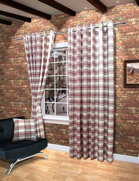 John Aird Isla Fully Lined Woven Tartan Twill Check Eyelet Curtains (Red, 90" Wide x 72" Drop ...