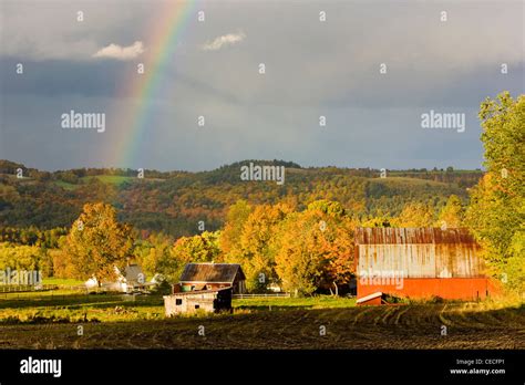 A rainbow over farms in Peacham, Vermont. Fall Stock Photo - Alamy