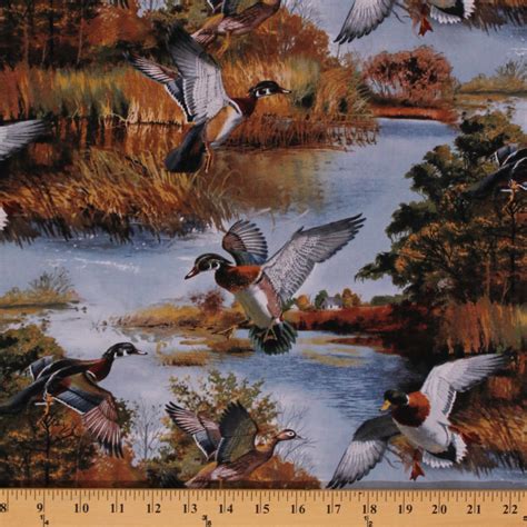 Cotton Silver Lake Ducks Hunting Nature Birds Blue Cotton Fabric Print by Yard (15209)