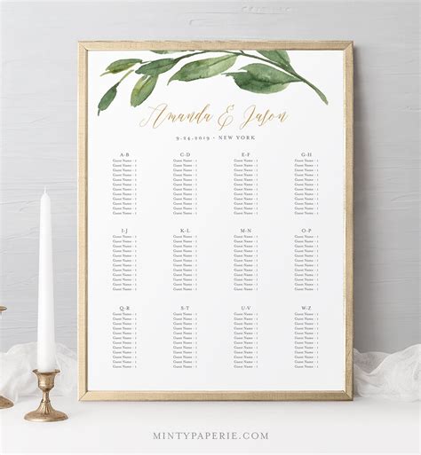 Wedding Seating Chart Template, Alphabetic Order, Printable Greenery ...