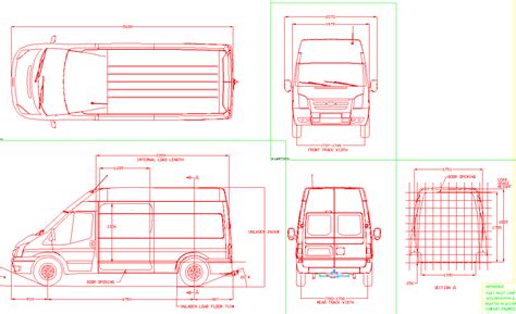 four different views of the front, back and side of a van with blueprints