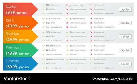 Pricing table template for web design and business