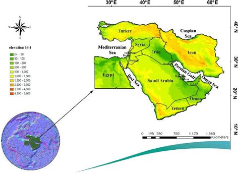 Map presenting the study area (the Middle East) including an elevation ...