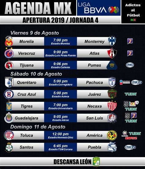 Liga MX | Jornada 4: Horarios y canales de transmisión. | ADICTOS AL FUTBOL