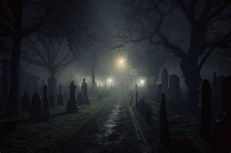 Dark Graveyard at Night, Shrouded in Thick Fog and an Eerie Horror ...