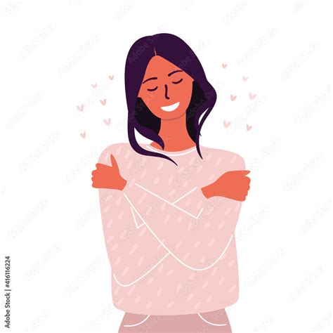 Flat vector cartoon illustration of a woman hugging herself. The concept of self-love, self care ...