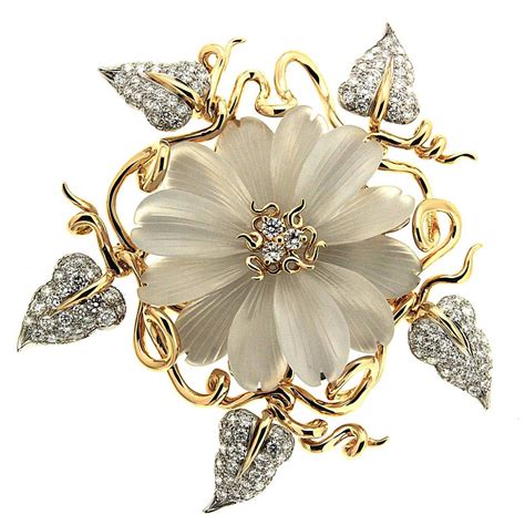 Hand Carved Crystal Diamond Gold Flower Brooch at 1stDibs