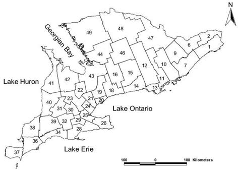 Distribution of counties or census division (CDs) of southern Ontario ...