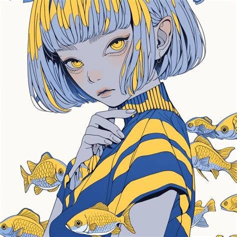 Premium Photo | Anime girl with blue hair and yellow eyes surrounded by fish generative ai