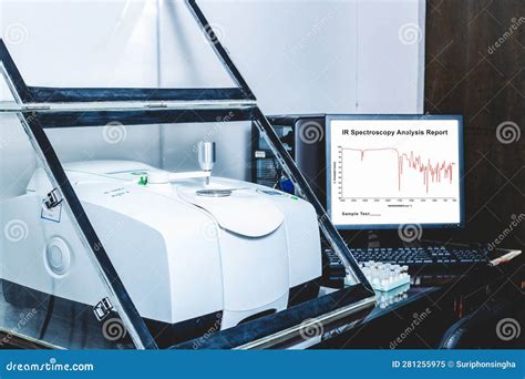 Fourier Transform Infrared Spectroscopy FTIR Instrument and IR Spectrum Shown on Monitor Stock ...