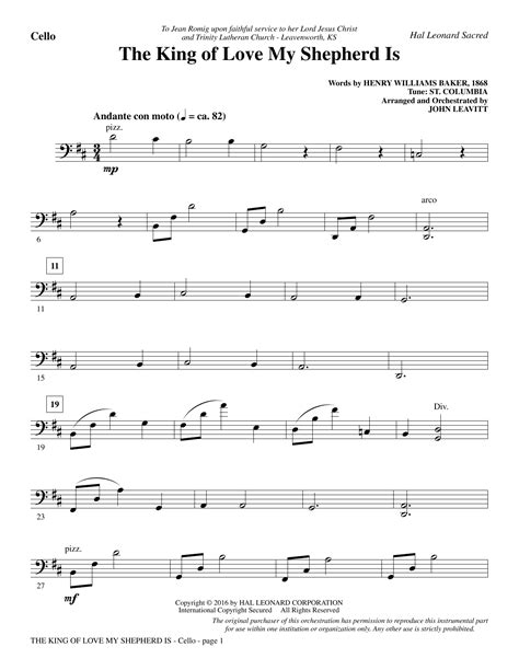 The King of Love My Shepherd Is - Cello by John Leavitt Sheet Music for Choir Instrumental Pak ...