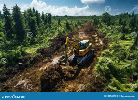 Bulldozers Digging a Dirt Road in a Forest. Global Deforestation Stock ...