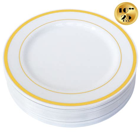 JL Prime 25 Piece 10 Inch Gold Plastic Dinner Plates Bulk Set, Heavy Duty Reusable Disposable ...