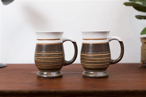 Vintage Studio Mugs- Pair of Striped Pottery Mugs - Brown Ceramic Coffee Mugs - Sediment Style cups