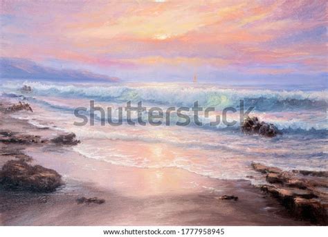 Original Oil Painting Beautiful Purple Sunset Stock Illustration 1777958945