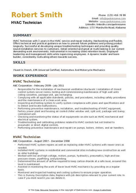 Hvac Technician Resume Samples | QwikResume