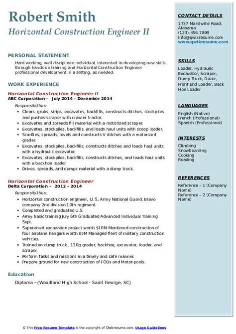 Horizontal Construction Engineer Resume Samples | QwikResume