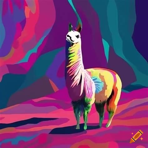 Colorful artwork of a llama climbing a mountain on Craiyon