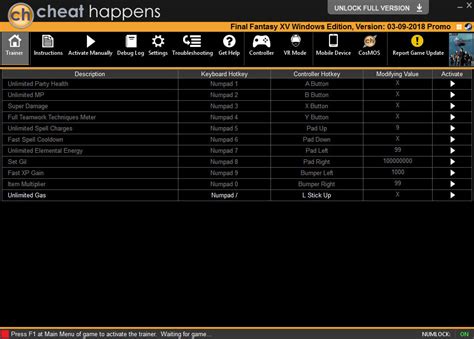 Final Fantasy XV +11 v03.09.2018 (Cheat Happens) - download pc cheat