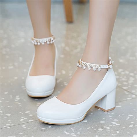 White Women Wedding Shoes Crystal Preal Ankle Strap Bridal Shoes Woman ...