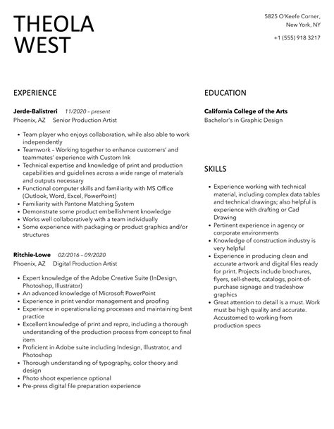 Production Artist Resume Samples | Velvet Jobs