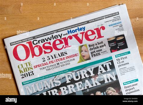 The front page of the Crawley and Horley Observer local newspaper Stock ...