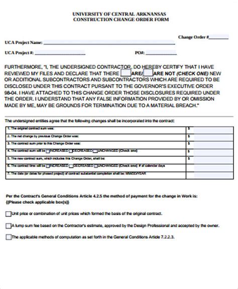 FREE 9+ Sample Construction Change Order Forms in MS Word | PDF