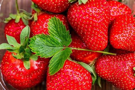 Fresh strawberry background with green leaves - Creative Commons Bilder