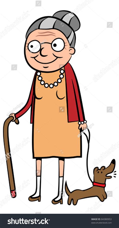 Happy Old Cartoon Woman Walking Her Dog, Vector Illustration - 84380953 ...