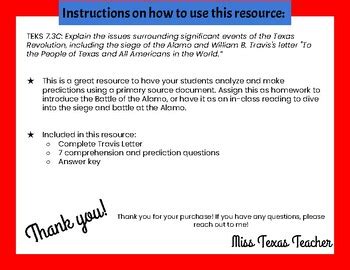 William B Travis Letter Reading and Questions by MissTexasTeacher