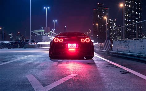 Download wallpapers Nissan GT-R, R35, rear view, night, Japan, Tokyo ...