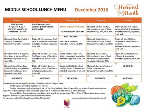 December 2016 Middle School Lunch Menu | School lunch menu, Lunch menu, Salad bar