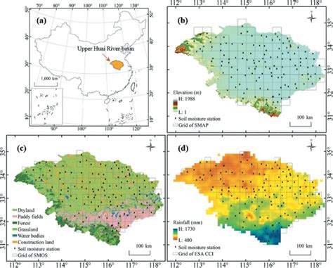 (a) Location of the upper Huai River basin in China; (b) elevation of ...