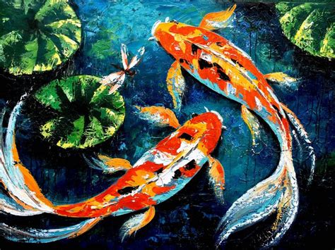 Koi fish pond Painting on Canvas Original painting for Home | Etsy in 2020 | Pond painting, Koi ...