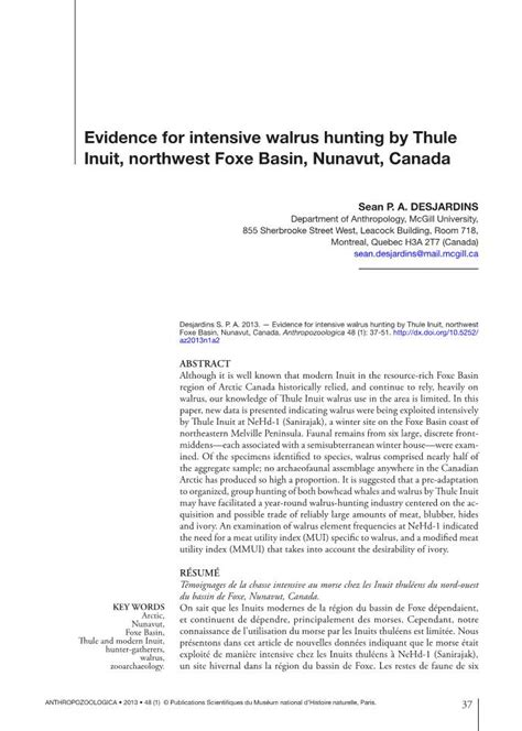 Evidence for Intensive Walrus Hunting by Thule Inuit, Northwest Foxe Basin, Nunavut, Canada ...