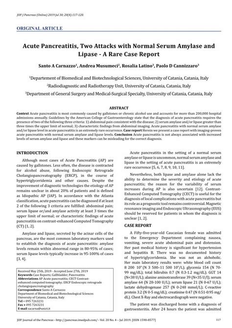 (PDF) Acute Pancreatitis, Two Attacks with Normal Serum Amylase and ...