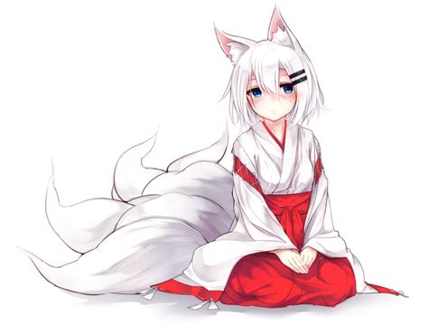 animal ears aqua eyes blush foxgirl japanese clothes miko multiple ...