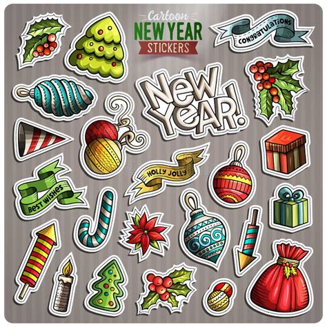 Set of Happy New Year Cartoon Stickers Stock Vector - Illustration of comic, celebrate: 104981704