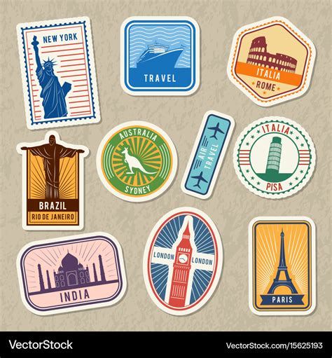 Travel stickers set with different worldwide Vector Image