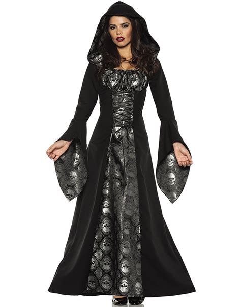 Skull Mistress Womens Black Gothic Witch Hooded Robe Halloween Costume ...