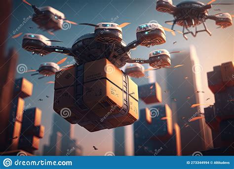 Cargo Drone Swarm Flies Over Futuristic Cityscape, Carrying Goods To ...