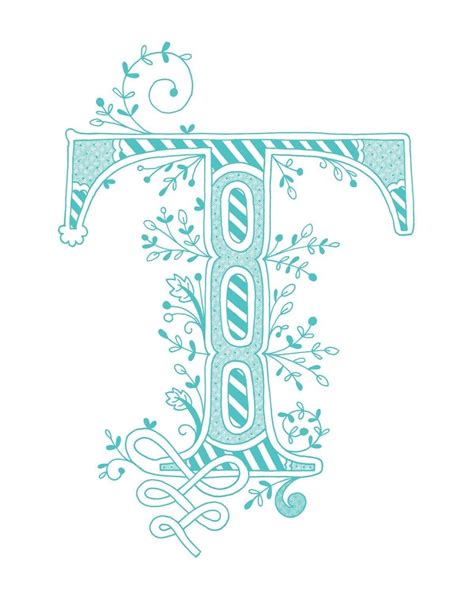 Hand drawn monogrammed print, 8x10, the Letter T, in the color blue | Fancy letters, Lettering ...