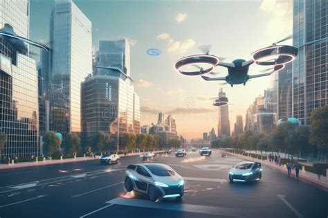 Autonomous Vehicle Driving through Futuristic City, with Drones Flying ...