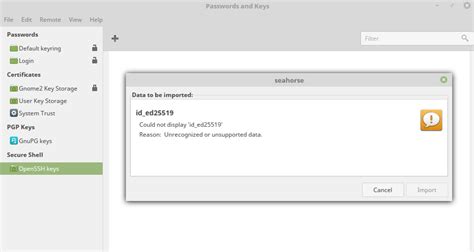 key authentication - Seahorse / GNOME Keyring does not recognize my new ...