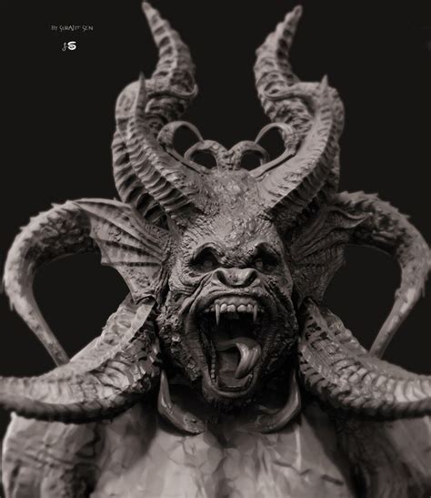 a statue of a demon with large horns on it's head and fangs in his mouth