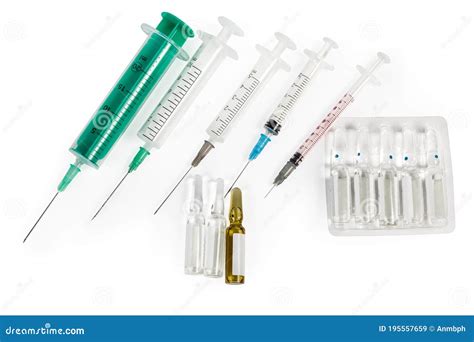 Disposable Syringes Different Sizes and Ampules of Medications, Top View Stock Image - Image of ...