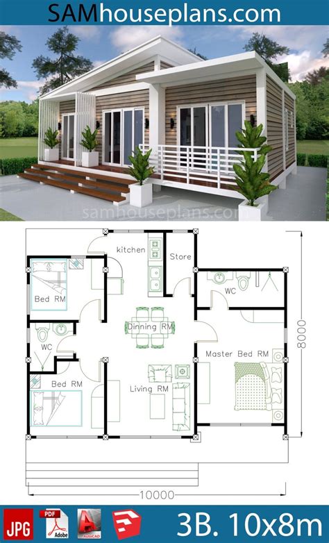 House Plans 10X8M with 3 Bedrooms | Planos de casas medidas, Planos de ...