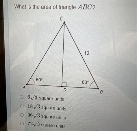 Solved What is the area of triangle ABC? C 12 60° 60° A D B | Chegg.com