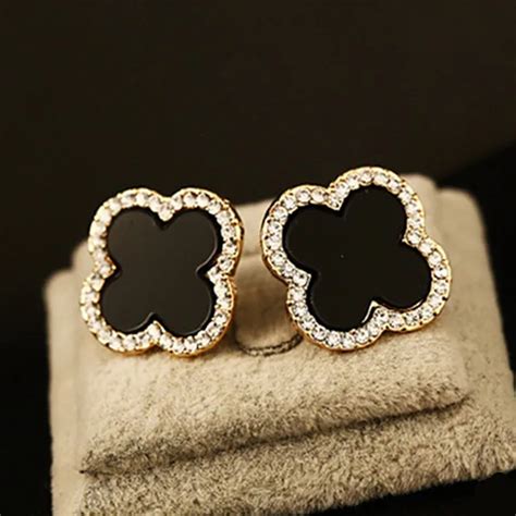 Brand Clover Stud Earrings Real 18K Gold Plated Fashion Crystal Flower ...