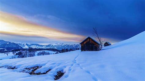 Austrian Alps in Winter, clouds, sky, cabin, snow, sunset, HD wallpaper ...